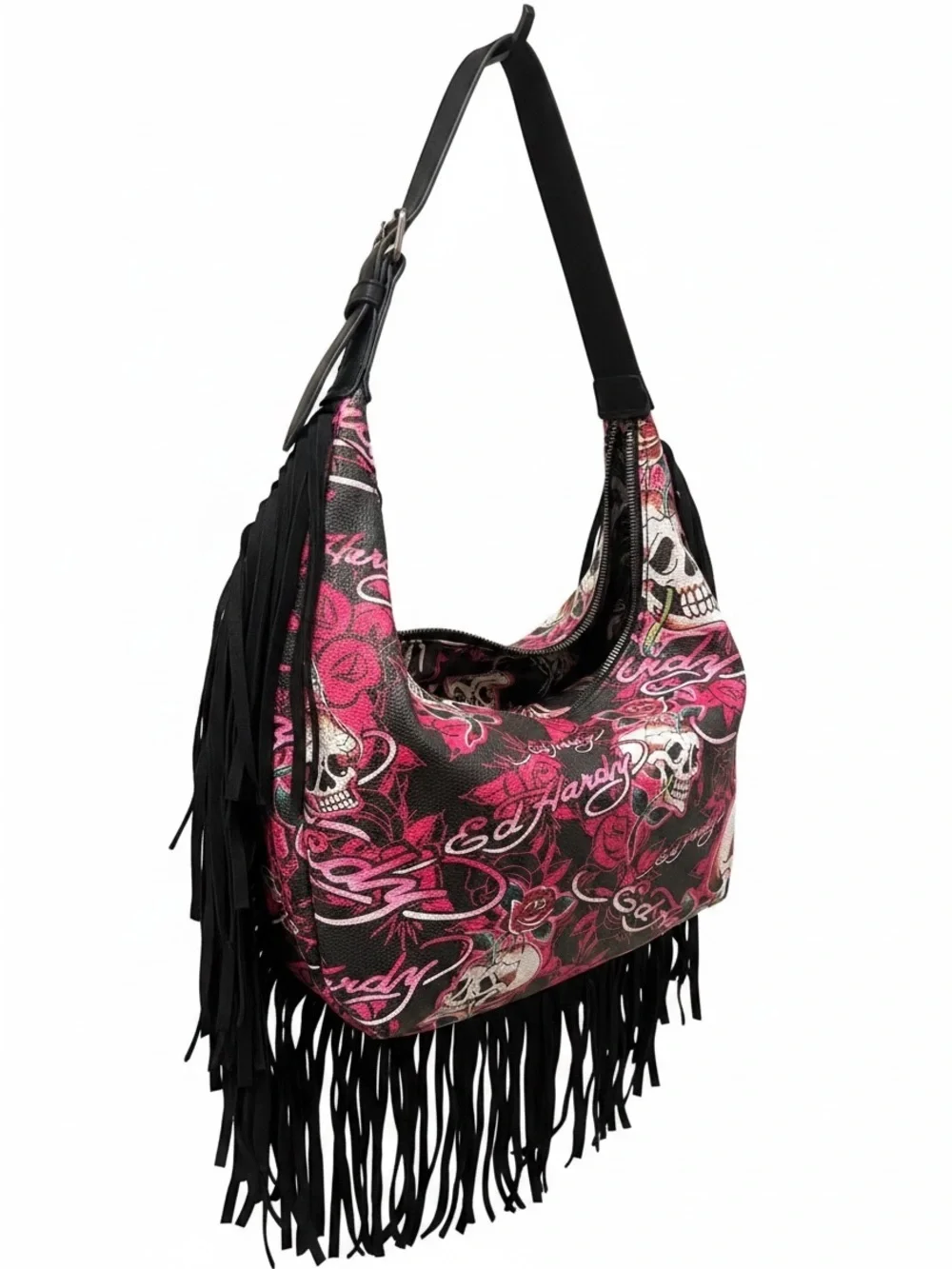 Ed Hardy Edgy Pink Skull Fringe Hobo Shoulder Bag